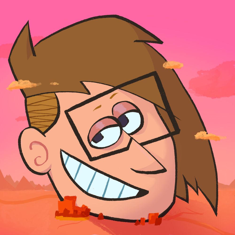 Self portrait showcasing a massive head that towers over a pink and orange landacape