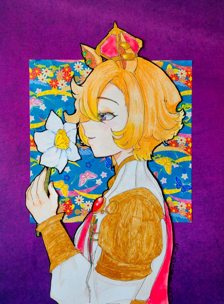 Traditional art (coloring pencils, paint markers) of T.M. Opera O. Profile view, she's admiring a narcissus flower, wearing a gentle smile. 