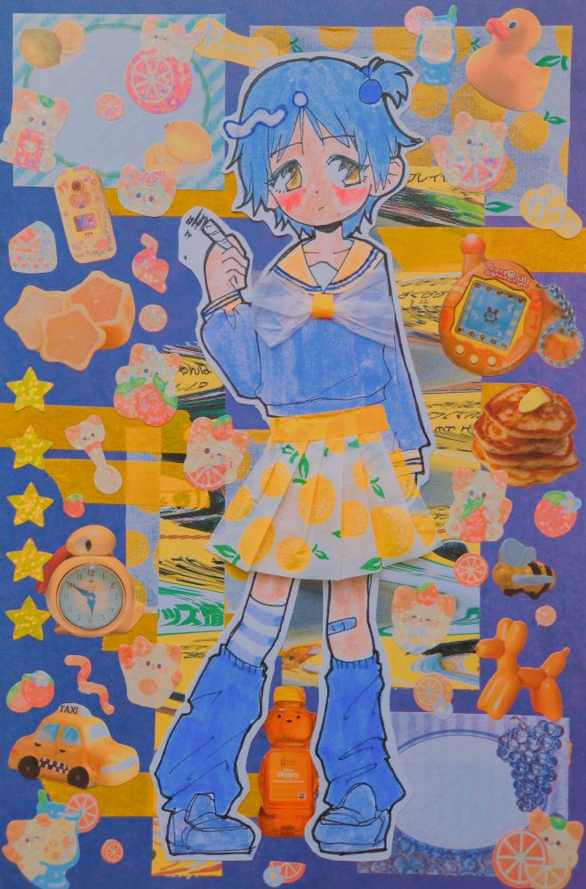 Yellow and purple collage featuring an original character with short hair smoking a joint. 