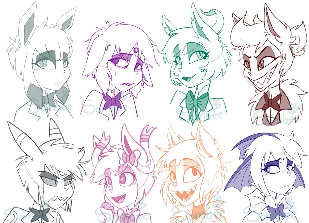 Eight Alastor versions mixed with the Pokémon Eeveelutions.(upper row) 7P Glaceon, 4P Espeon, 3P Leafeon, OG Flareon. (Lower row) 8P Umbreon, 6P Sylveon, 5P Jolteon, and 2P Vaporeon.