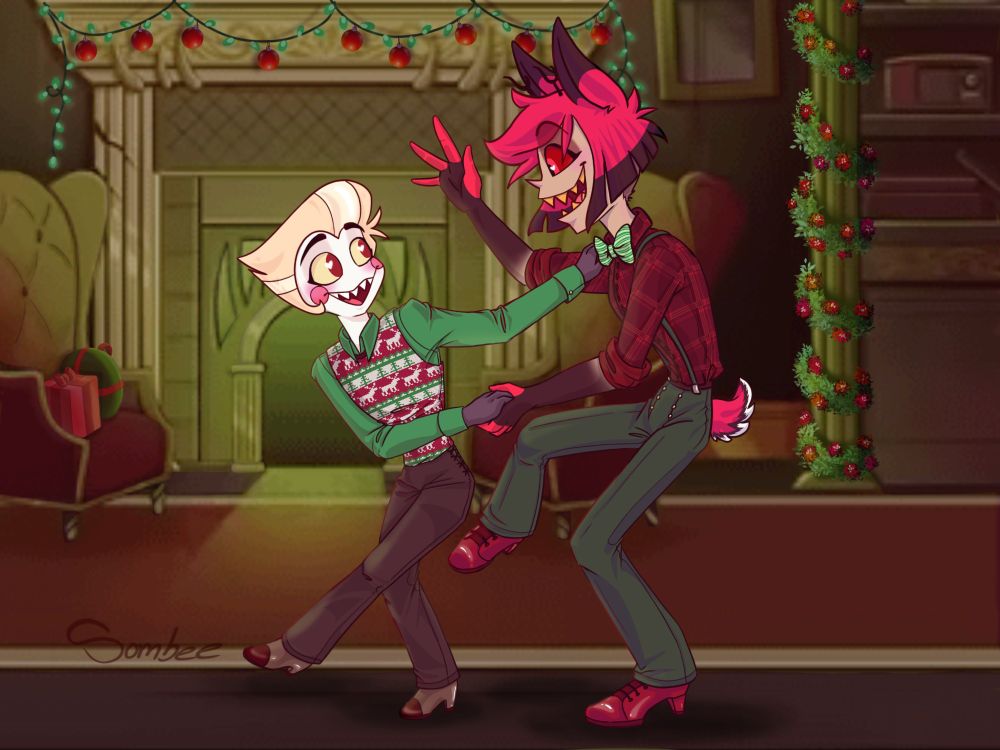 Alastor and Lucifer dancing in Alastor's room, which is decorated for the holidays.