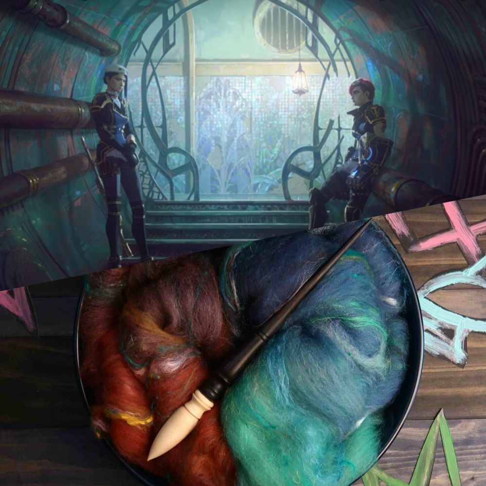 Photo of a spinning fiber batt in a gradient of teal to rust. Above the batt there's a piece of Arcane art showing the color inspuration