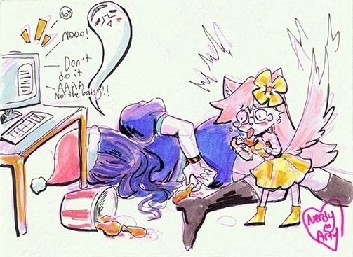 Midori is in a Family Guy dead pose from the chicken. And Melody has just tried some herself and it is Hitting Her Hard, while chat's worries escalate upon watching this sight