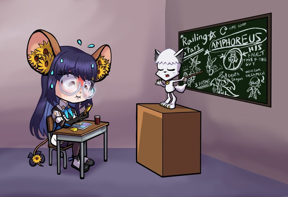 Stream collab art of me giving a Star Rail Amphoreus lecture to @hikahikarii.bsky.social. She's dressed as Pela here.

From when I had her on for a collab