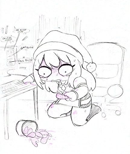 Midori in a christmas hat on her knees, suffering from eating some way too spicy chicken. Face flushed, with hot sauce on her knees, and clearly in WAY too deep as the chicken is now scattered on the floor and chat is genuinely concerned for her well-being