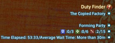 A screenshot of a queue timer from Final Fantasy XIV. The player has been queued for The Copied Factory. The listed average wait time is "More than 30 minutes", while the actual time elapsed is 53 minutes and 33 seconds.