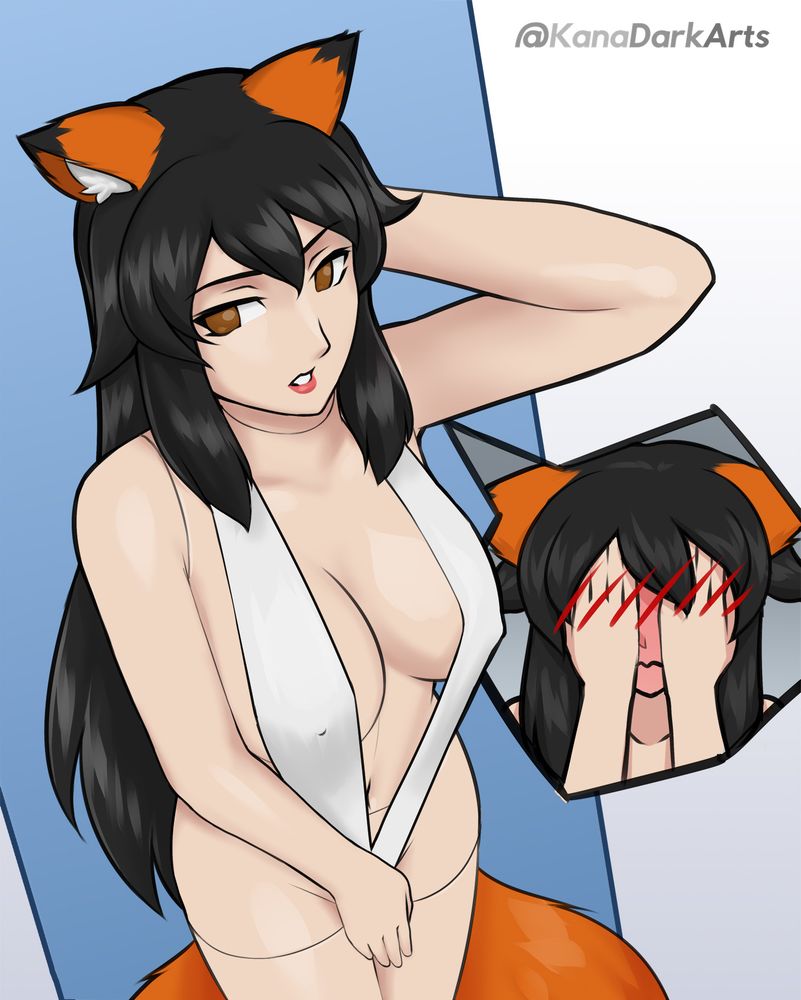 Drawing of guest OC Mako turned into an elegant-looking mannequin ( wearing a skimpy one-piece swimsuit) while feeling embarrassed inside.