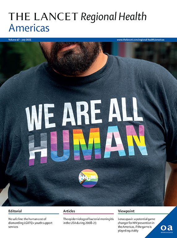 Journal cover with the name of the journal and a photograph illustrating. A text reading 'We Are All Human' on the t-shirt of a person attending the Pride parade. In the footer, the titles of three highlighted articles of the month.