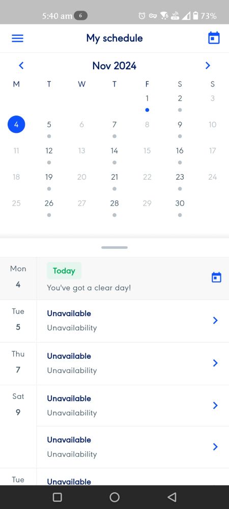 Screenshot of a rota app, displaying that I have "a clear day" today, Monday the 4th of November. I also don't have anything scheduled for the rest of the week.