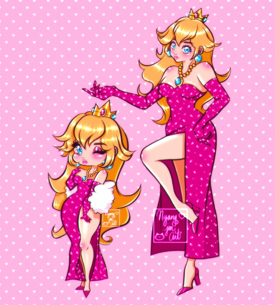 Digital illustration of Princess Peach in a small chibi form on the left and a regular human sized form on the right. She's wearing a long sparkly magenta dress with a slit on the side with matching long gloves, posing with her left leg bent up. 