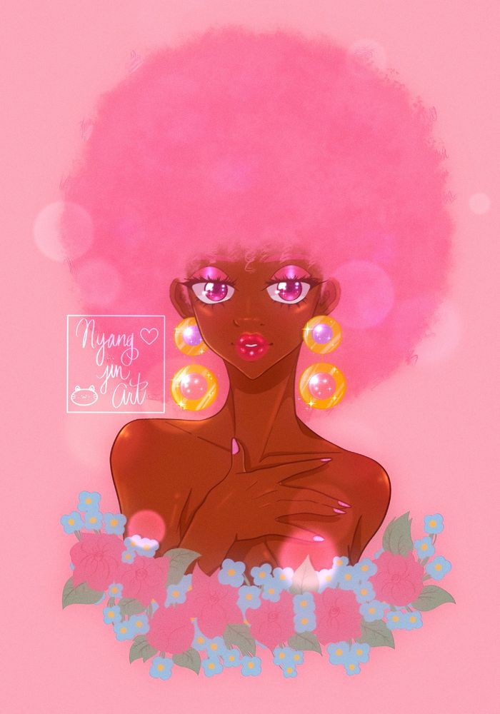A digital bust illustration of a woman of African descent, with a large pink afro and circular golden earrings with lavender and pink jewels embedded in the middle. There are tiny light blue and pink flowers covering her chest.