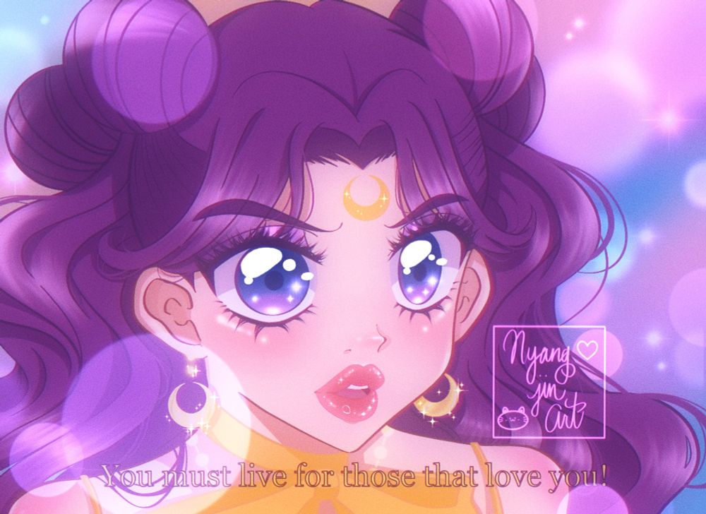 A digital fanart of a screenshot of Luna in human form from the anime Sailor Moon. The caption reads "you must live for those that love you!"