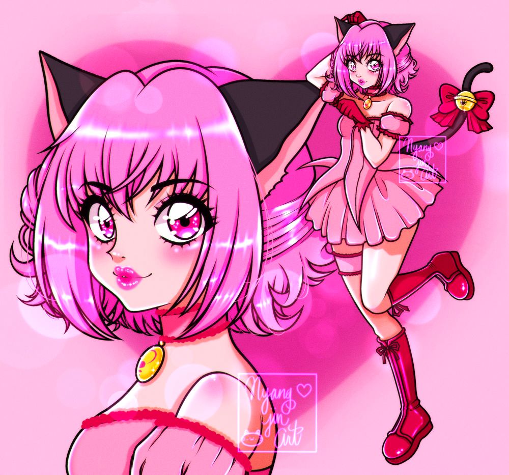 A digital fanart of Ichigo from Tokyo Mew Mew. A large bust of her is on the left and a smaller full body of her on the right, doing her signature mew mew pose.