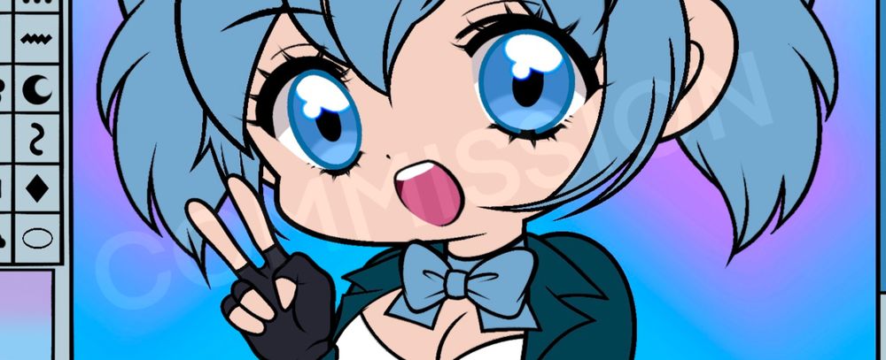 A cropped digital art, "Your Character Here" commission of Nova from Magica Riot: Maidensong Magica Book 1, posing with a v sign hand gesture with a big smile. She has pale skin tone, light blue hair tied in pigtails, a bow tie matching her hair color, fingerless black gloves, a white v-neck shirt with a dark blue jacket.
