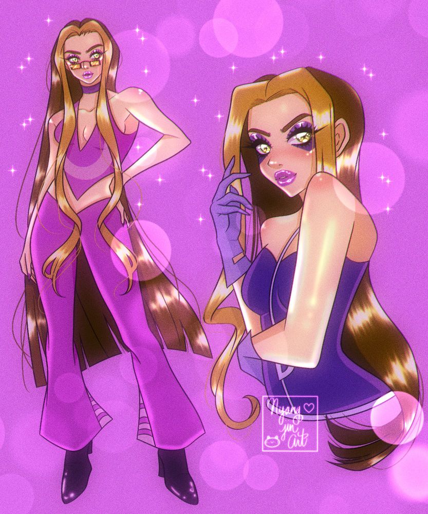 A digital illustration of Darcy from the show Winx Club. A full body of her is standing on the left. She has light skin tone and a long brown hair with  dirty blonde colored bangs coming down both sides. She's wearing a dark lilac crop top with a light purple ring pattern in the middle and a matching dark lilac bell-bottom pants with black heeled boots. She's wearing a small pair of yellow tinted sunglasses. On the right side is a bigger half body of her in her witch form. She's wearing a sleeveless dark purple bodysuit with a thin light purple strap that goes down the middle that forms into a thin belt with a letter "D" at her midsection. She's wearing light purple gloves and has matching dark purple makeup on her eyelids and markings on her cheeks. 