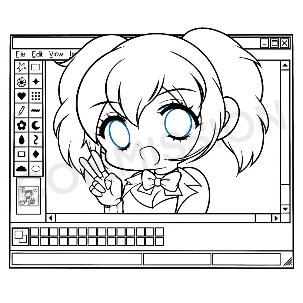 A Chibi sketch artwork of Nova, a trans magical girl from the novel "Magica Riot," drawn inside an MS Paint-style Windows 95 window interface. She's posing with a peace sign with a big smile. She has twintail hair, a low-cut top, a bow tie, a jacket and black fingerless gloves. 
