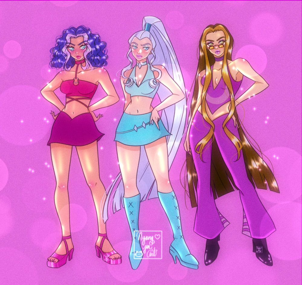 A digital fanart of The Trix from the show Winx Club. Standing in order from left to right: Stormy, Icy and Darcy. They are in their casual outfits, standing against a light purple background with sparkles and bokeh lights surrounding them.