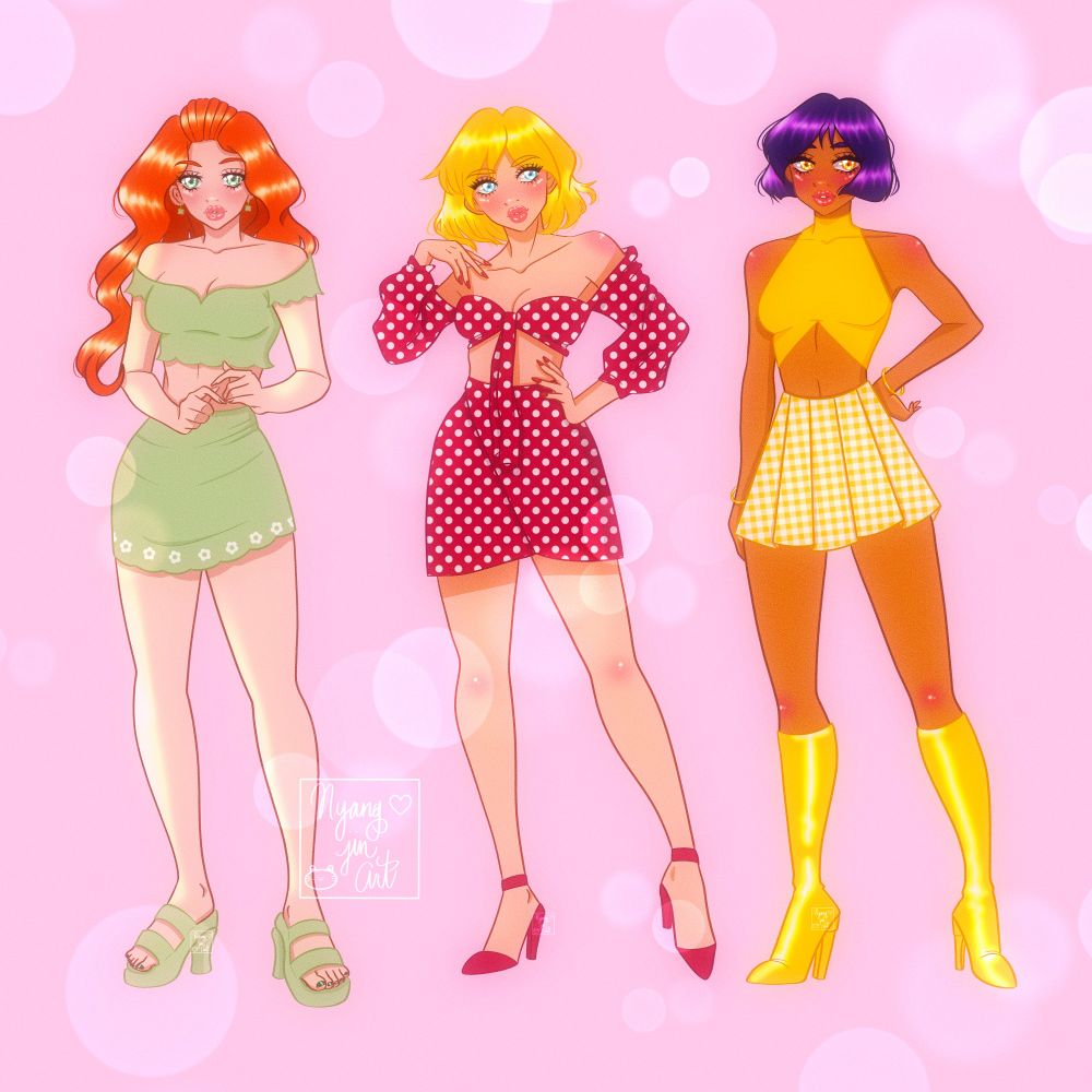 Digital illustration of Sam, Clover and Alex from the cartoon series Totally Spies, standing against a light pink background with soft white bokeh lights floating around them.