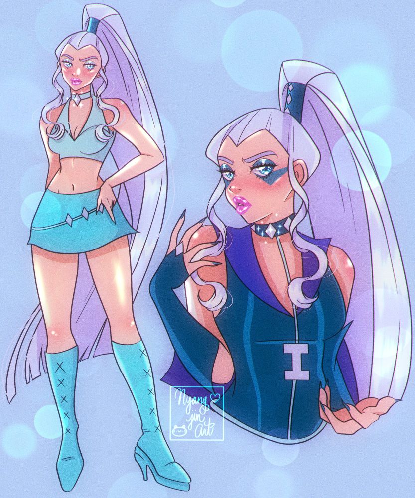 A digital illustration of Icy from the show Winx Club. A full body of her is standing on the left. She has pale skin with long, silver hair that is pulled back into a high ponytail. She's wearing a pastel blue sleeveless crop top, a deep sky blue mini skirt with matching knee high boots. On the right is a bigger half body version of her in her witch form. She's wearing a muted navy blue one-piece suit with matching fingerless gloves and a royal blue cape. Down the middle of the suit is a white stripe that forms a thin belt with the letter "I" over the stomach.