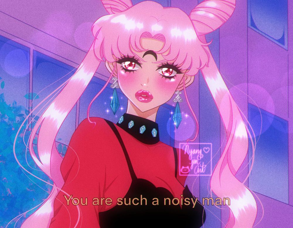 A digital fanart of Wicked Lady from the anime Sailor Moon, with the caption on the bottom saying, "you are such a noisy man." 