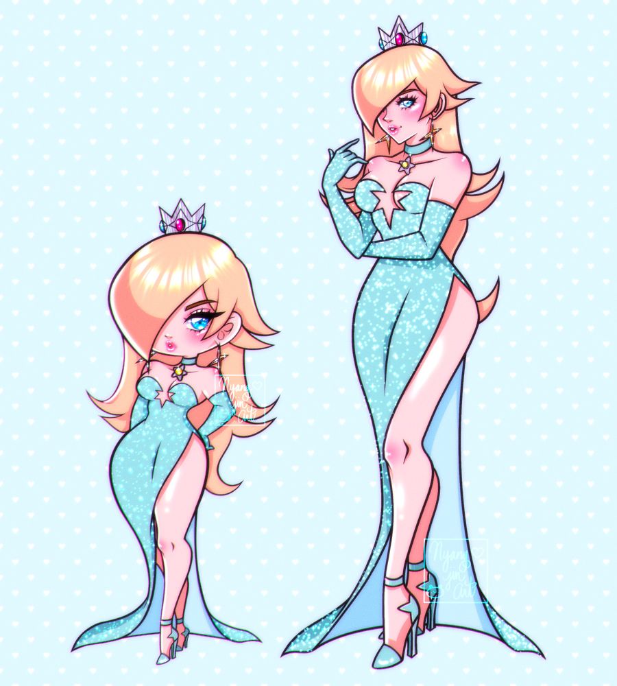 Digital illustration of Rosalina in a small chibi form on the left and a regular human sized form on the right, wearing a long sparkly sky blue dress with slits on the left side, standing with her left leg forward.