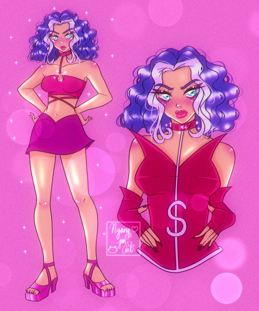 A digital illustration of Stormy from the show Winx Club. A full body of her is standing on the left. She has tanned skin tone and dark purple frizzy short hair with paler bangs coming down both sides. She's wearing a sleeveless no strap fuchsia colored crop top that's being held by a chocker attached to the top by a small metal ring on her chest. She's wearing a short purple miniskirt and heeled sandals matching in color with her crop top. On the right side is a bigger half body of her in her witch form. She's wearing a sleeveless dark fuchsia bodysuit with flared collars and matching elbow length fingerless gloves. She's also wearing a choker with a strap that flows down the center of her bodysuit where it forms the letter "S" at her midsection. To match her outfit, she's wearing dark fuchsia eyeshadows on her eyelids and markings on her cheeks. 