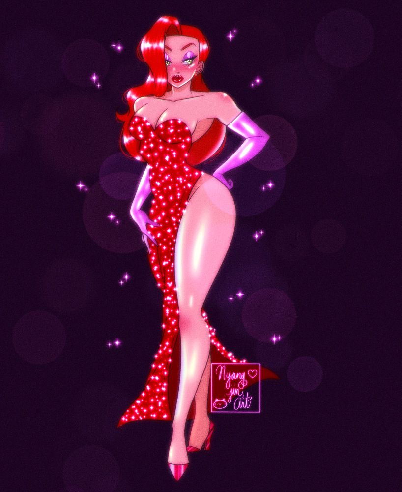 Digital fanart of Jessica Rabbit from the movie, "Who Framed Roger Rabbit." She has long orange hair and is wearing purple opera gloves, a sparkly red strapless dress with a high thigh slit on the side, showing her leg. 