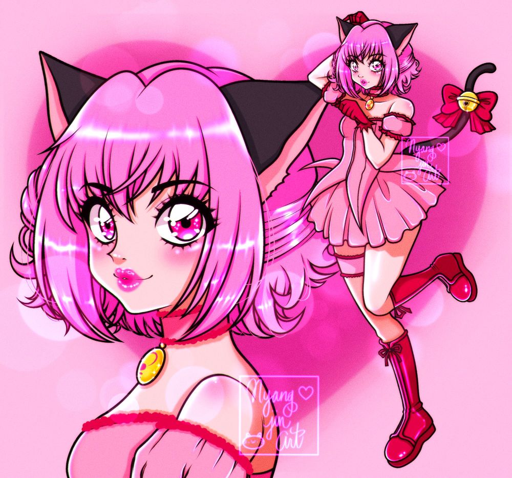 A digital fanart of Ichigo from Tokyo Mew Mew. A large bust of her is on the left and a smaller full body of her on the right, doing her signature mew mew pose.