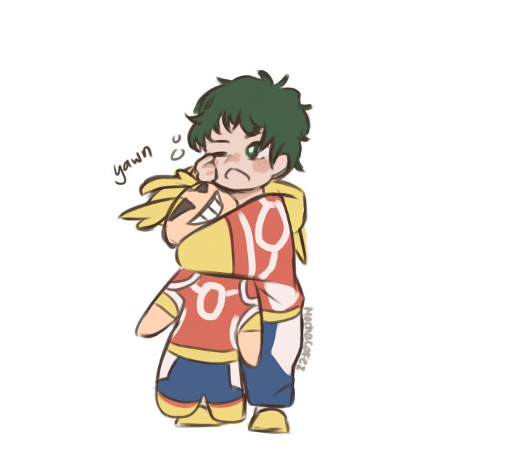 Baby Izuku Midoriya in All Might Onesie holding his All Might plush after waking up from a nap