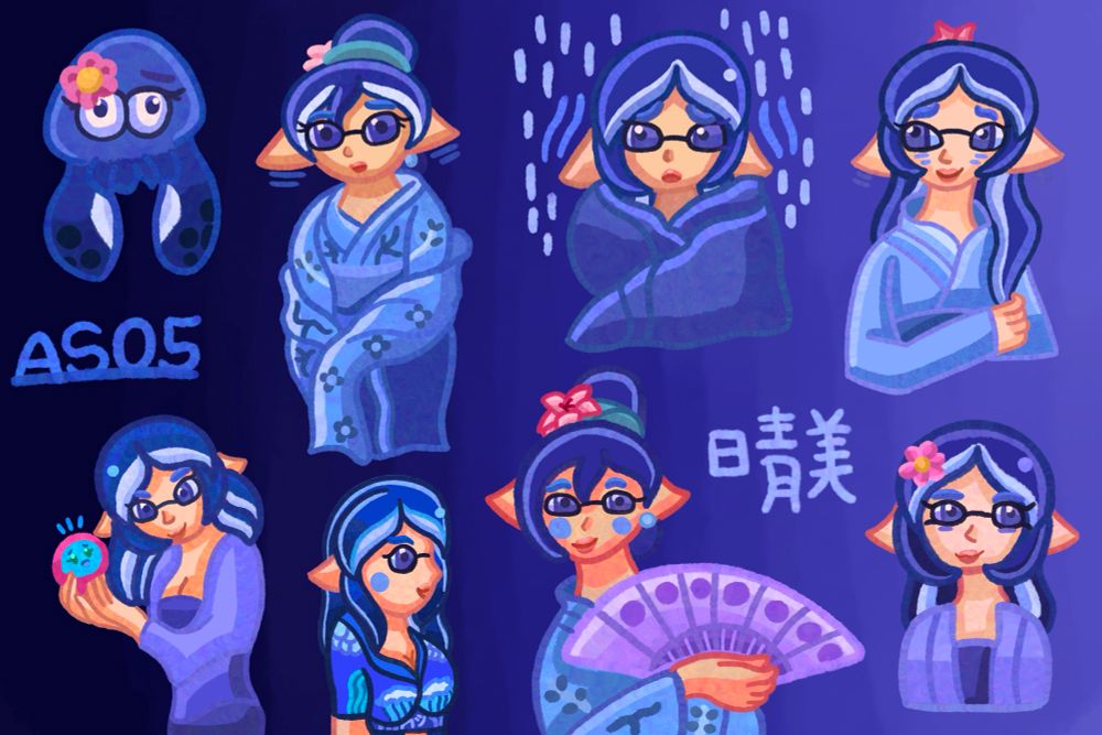 Harumi’s second page of her reference sheet.

Most of the expressions I drew were based on Mulan to which I experimented with changing her hairstyle into those you would see from women in Japan or China.

I also incorporated her squid form including her pink flower that she’s most recognizable with as well.