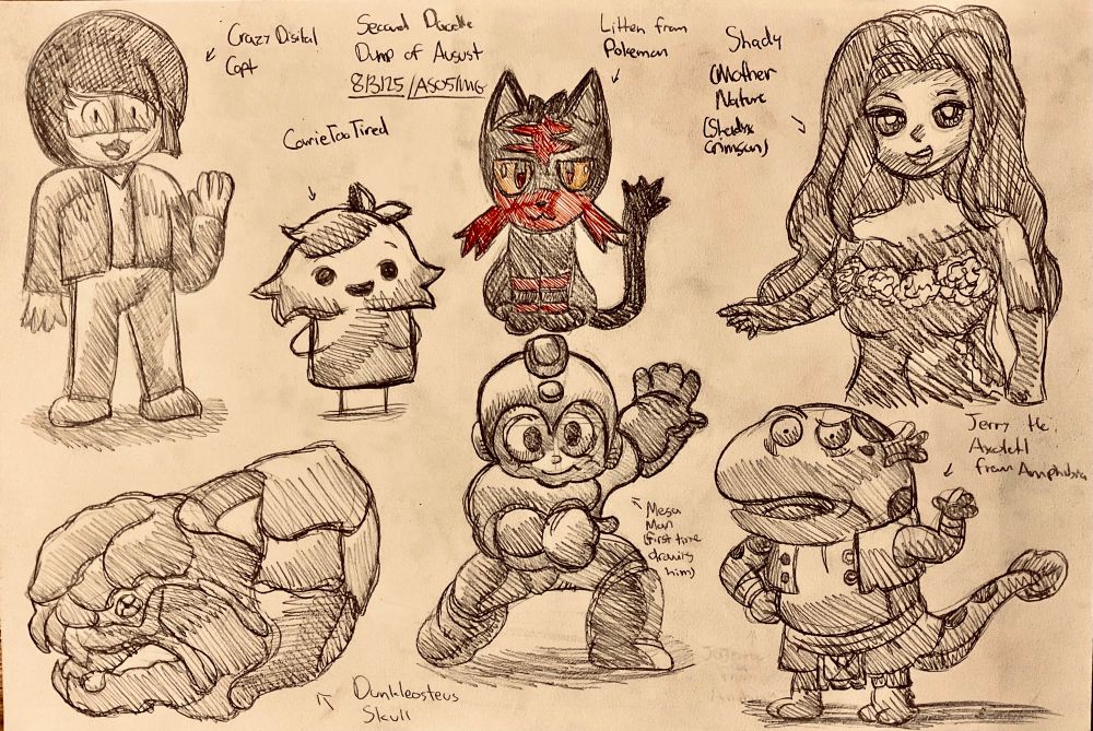 Second Doodle Dump of August.

Featuring:

DigitalCapt's Sona

A Dunkleosteus Skull (sneak preview for one of my future arts of non dinosaur creatures)

Mega Man (suggested by Kre's younger sister)

CarrieTooTired

Jerry the Axolotl from Amphibia

Litten from Pokemon

And Shady from ShadyxCrimson