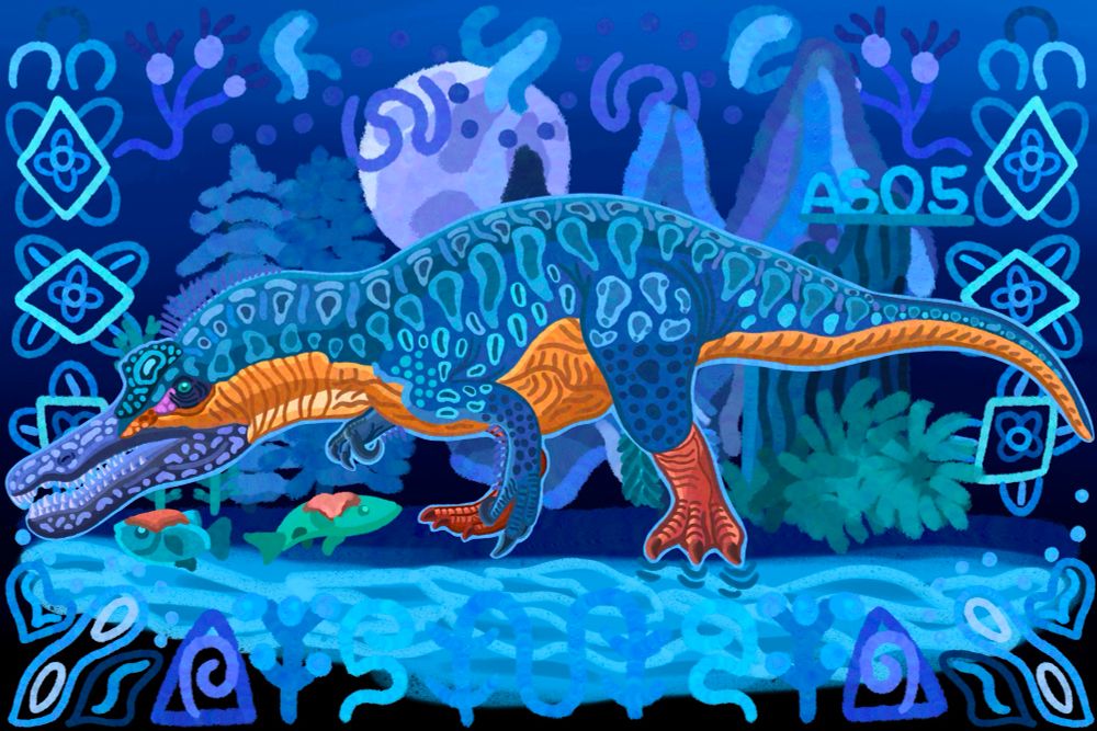 Baryonyx walkeri.

Out of all the dinosaurs I worked hard to redesign, Baryonyx was genuinely very difficult. 

I kept elements of the original kingfisher colors, gave some new pattern designs, and also gave some quills on both the head and the arms while also slightly tweaking the third claw on both wrists to make them bigger, hence Baryonyx's name means, "heavy claw.

And the background was changed to reflect the nighttime with the full moon as the Baryonyx is feasted on two fish it caught from the river stream which it resides next to.

(Originally drawn from May 2025)

[Also, just a disclaimer, Baryonyx is not related to the platypus. It is a spinosaurid first known to have a piscivorous diet based on fish. Have a nice day.]