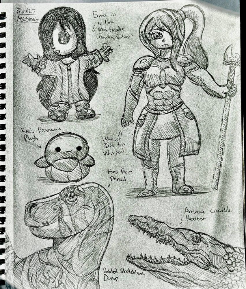 Sketchbook doodle dump since it’s been a while.

Been missing out on making traditional art so I figured I’d finish one since I was homesick.

Featuring:

Erma in a mini Big Man Hoodie from Splatoon

Kre’s Banana Plush

Fang the Tyrannosaurus from Primal

Warrior Iris from Wimpod

And an American Crocodile Headbust :p