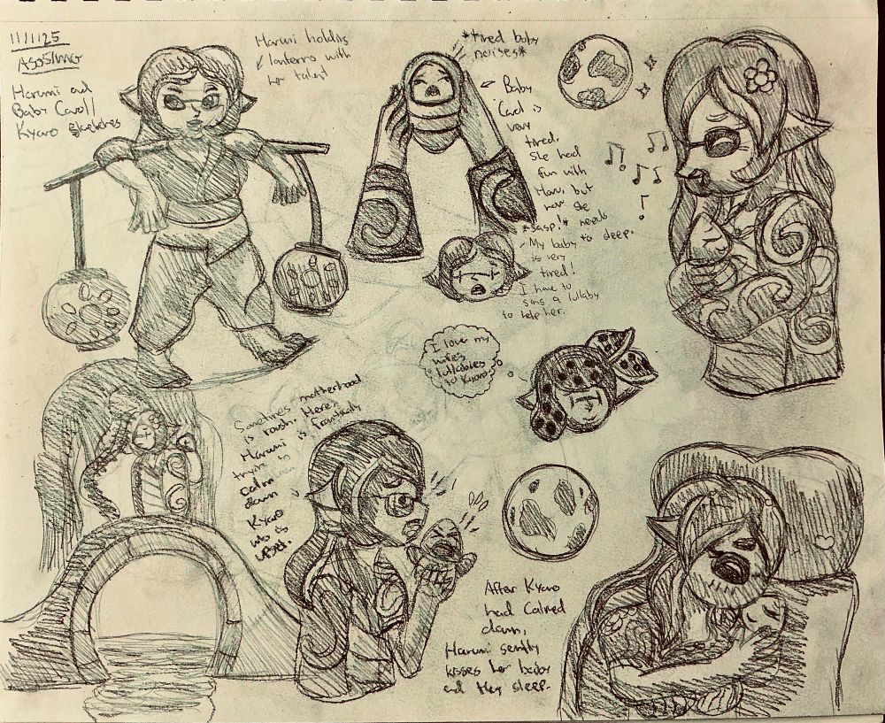 Harumi and Baby Carol/Kyaro Sketches.

(Feat a Hakusho cameo)

Harumi is shown lifting lamps with her arms, prior to going about her day with her motherhood life.

After a long day of taking care of Kyaro, Harumi is coming home to her bamboo house with Kyaro on a basket on her back.

However, Baby Kyaro is tired and wants to sleep with her mother. This causes Harumi to be worried for her baby, to which she tries to cheer her up, only for her baby to get upset quickly and cry immediately.

Harumi tried everything to comfort her baby girl, but then she got the idea to sing a lullaby to Kyaro, which worked in the end.

Later that evening, Harumi took Kyaro to her bed and the two slept peacefully. Setting the stage in a mother and daughter relationship that will only grow from Haru's heart.