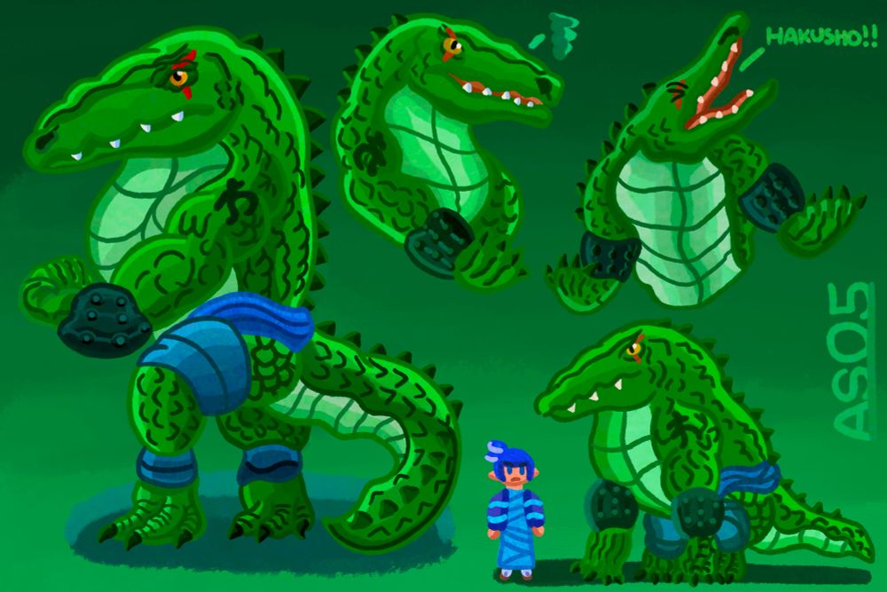 A reference sheet of Lord Numajaw, the infamous saltwater crocodile overlord who towers over both inklings and octolings, hence his tall stature and his osteoderms being spiky from his back to tail because he was mutated long before the events of the Splatoon games.

Most of the expressions show him feasting himself in pride with his sharp claws from his reptilian hands, and him screaming "HAKUSHO!!" in a fit of rage because he initially wanted to kill him after a fight that resulted him getting a scar on his right eye.