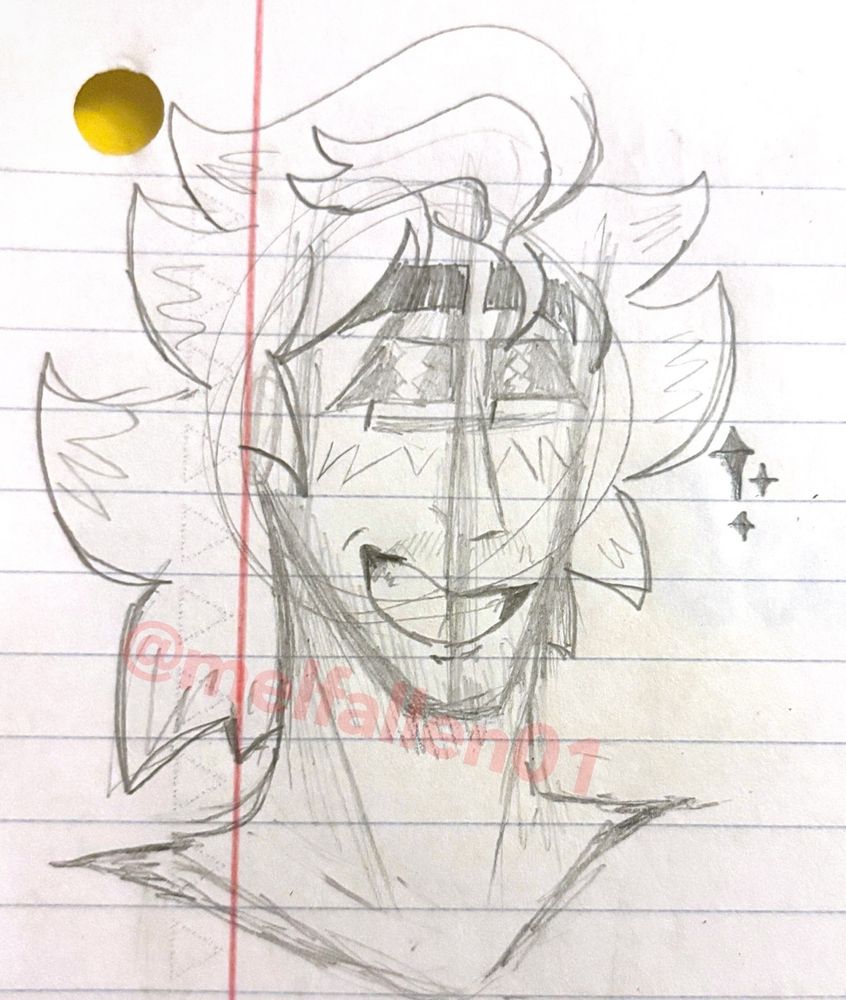 Another sketch of The Parallel. This time, it is a traditional drawing with pencil. This is a headshot. 

The Parallel is grinning this time. Three sparkles are drawn next to it.