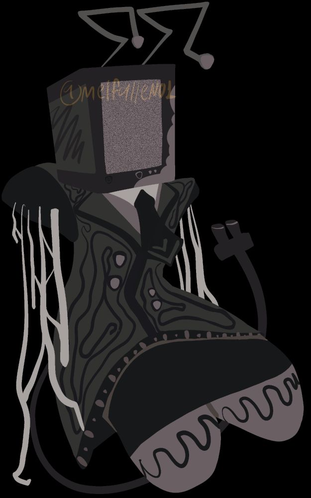 A lineless drawing of a TV objecthead is depicted. This is MP3 FIDELITY [it/they]. It is posed with its legs slightly leaning forward. It has a monochrome palette, following the “White Noise” music video’s palette. It has antennas and a screen projecting greyscale noise. The right side of the head has a light-gray square with a black squiggle pattern, and the “face” has a gray water-like pattern.

Clothing wise, it wears a gray dress shirt with a black tie that has two gray wavy lines on it and a long gray suit vest covering it. The vest has a wire pattern, and the bottom of it has a dotted pattern. Its arms are robotic and cut off before the elbow, with more wires emitting from where it was. Behind, it has a cable tail. Finally, it has black pants with a black squiggly pattern near its feet.