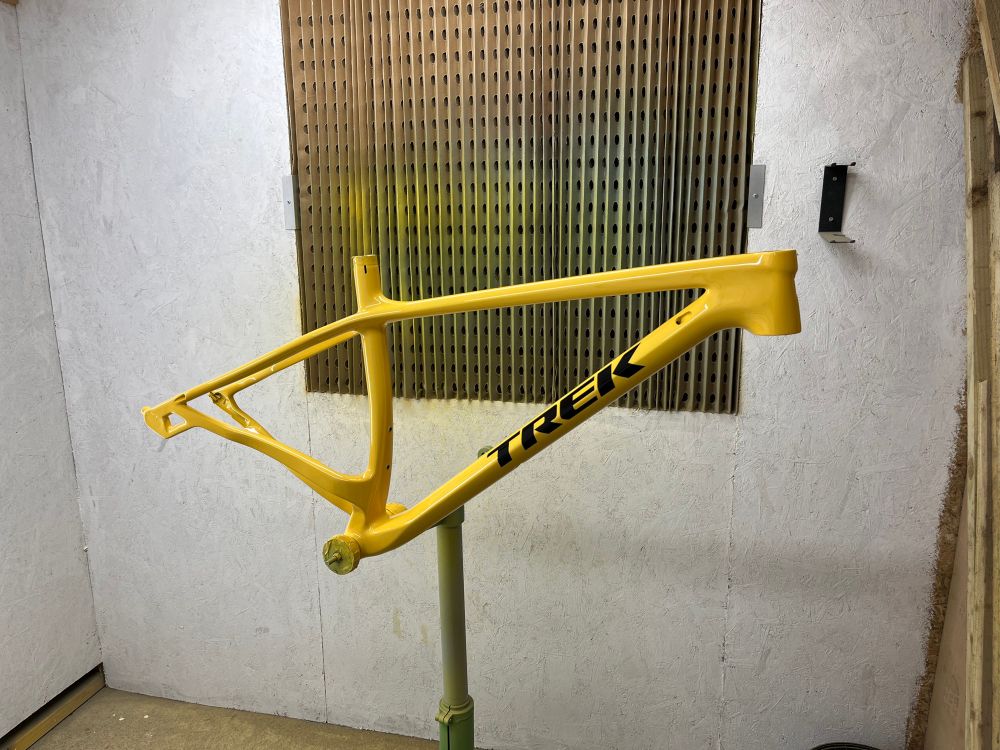 Trek Stache MTB frame freshly painted in canary yellow. 