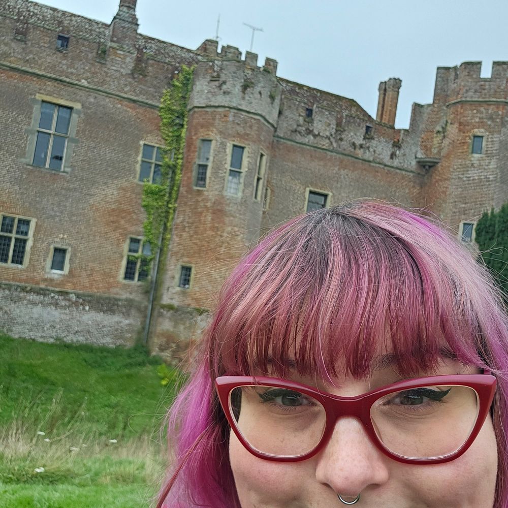 A person with pink hair and glasses in front of a brick castle 