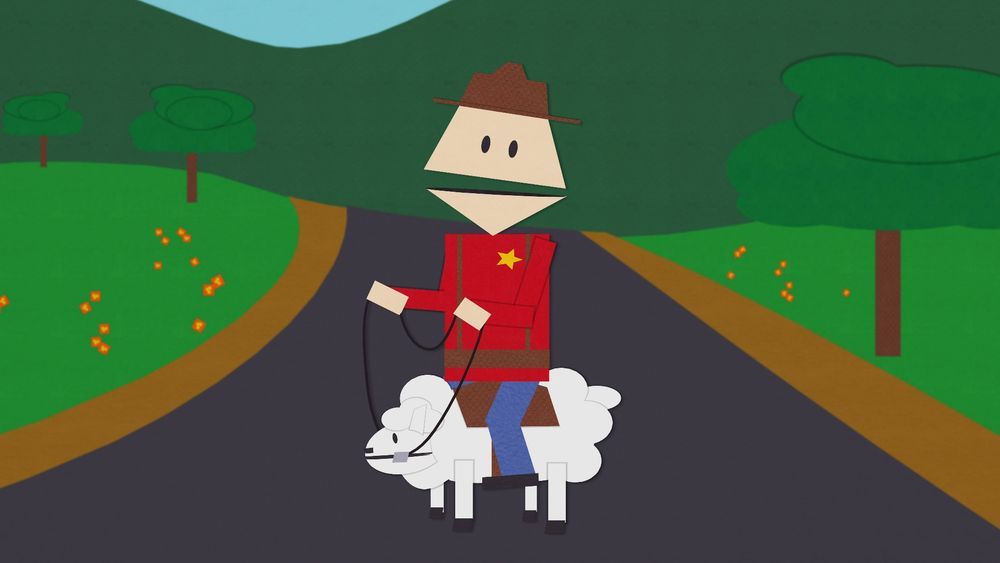 South Park Canadian Mountie on his trusty sheep steed.