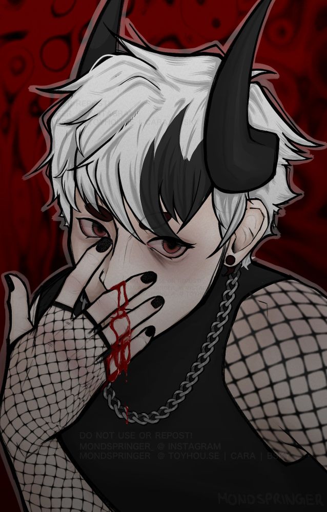The same original character having a larger, red nosebleed. The character now has "dead" looking, bloodshot eyes.