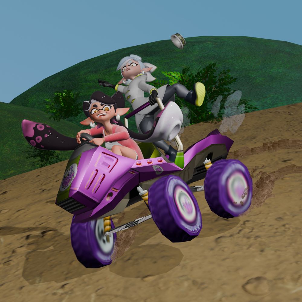 Callie and Marie driving a retextured Red Fire Kart as seen in Double Dash. They are taking a sharp turn, Callie is grinning like a madwoman, and Marie is hanging on for dear life.