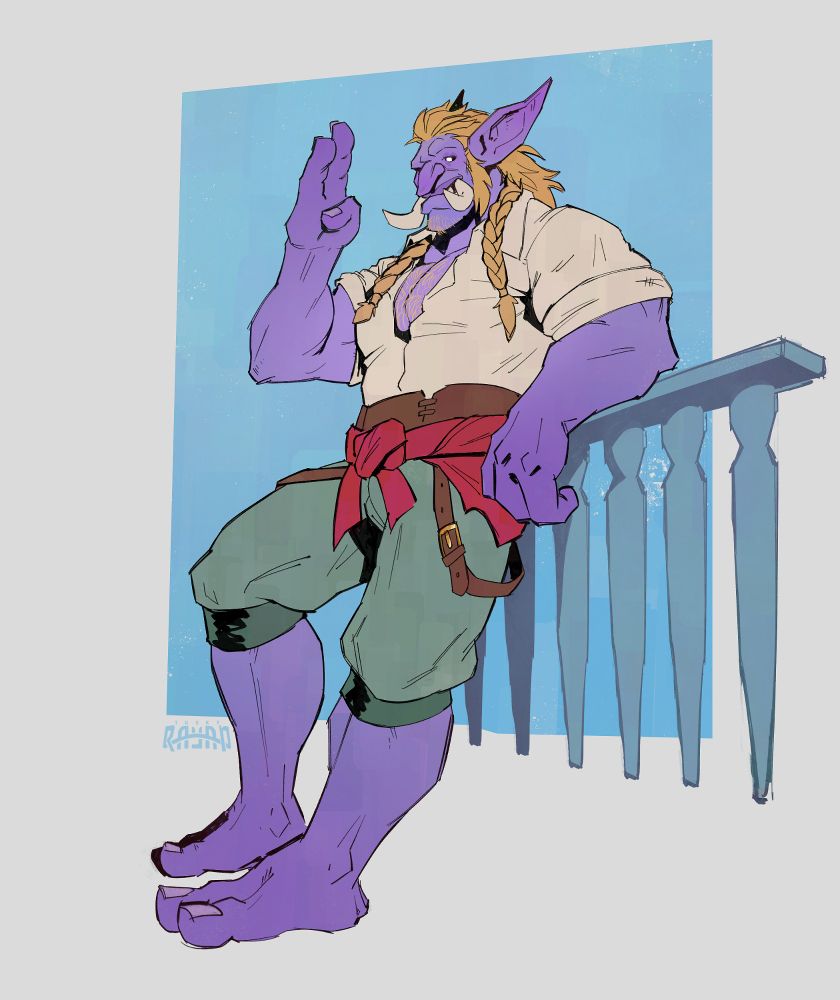 A large purple troll pirate casually greets you as he leans against a banister.