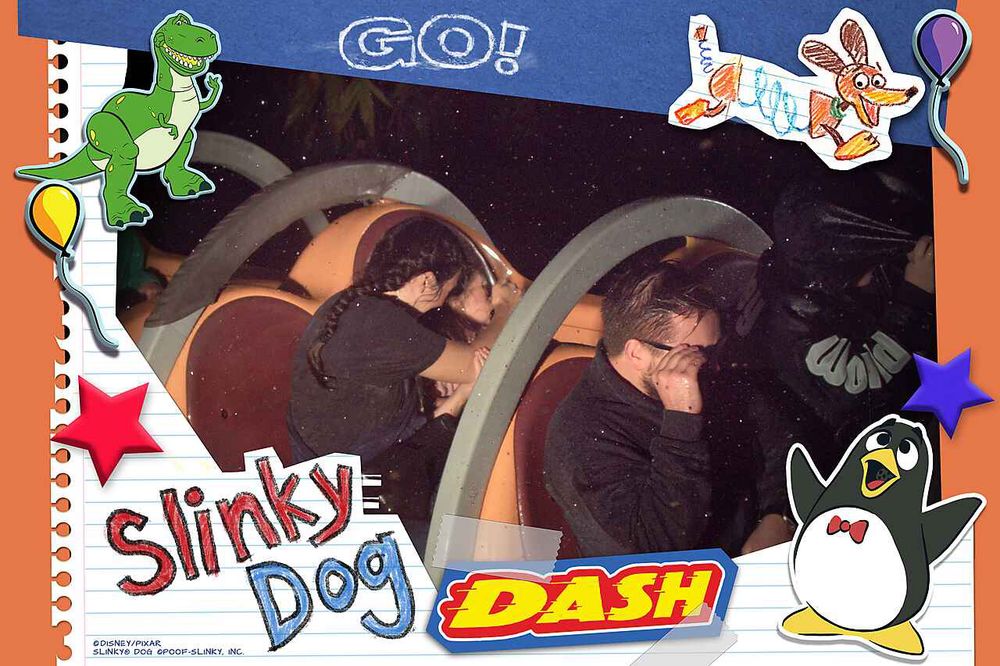A picture of a couple on a coaster, one has their hood up and another is trying to wipe their glasses. They are very obviously wet 