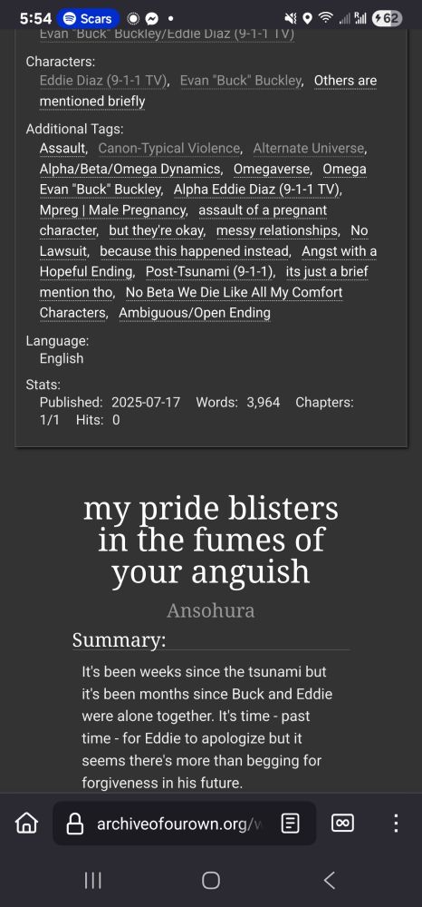 Screenshot of the fanfic 'my pride blisters in the fumes of your anguish' on ao3