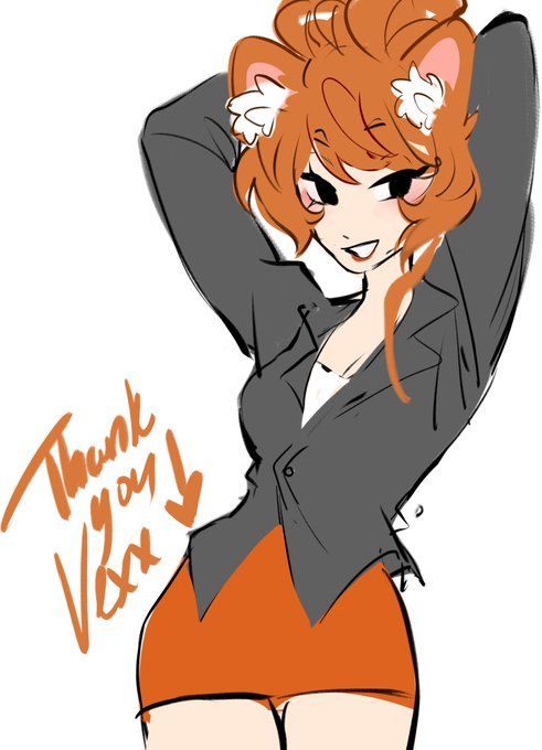 A flat color sketch of VexxingCat wearing a grey blazer and orange pencil skirt putting her hair up. The words next to the sketch say "Thank you Vexx!"