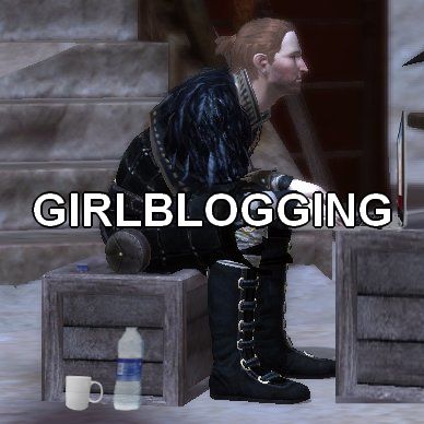 anders dragon age sitting in a crate. the image has been edited so that he is typing on a laptop on another crate and has a mug and a discardable water bottle. the word "girlbogging" is superimposed on the center of the image