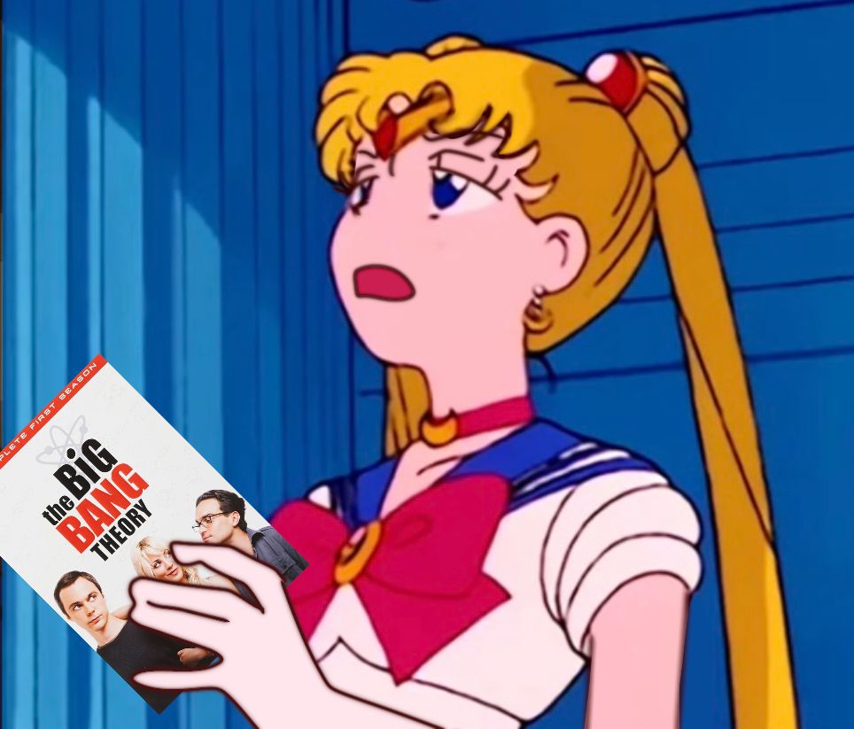 And edited photo of sailor moon, from the my work here is done meme. She looks disappointed and is holding a big bang theory DVD.