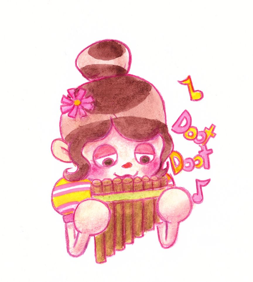 A player character from animal crossing in a yellow blouse playing a pan flute. Done in watercolor.