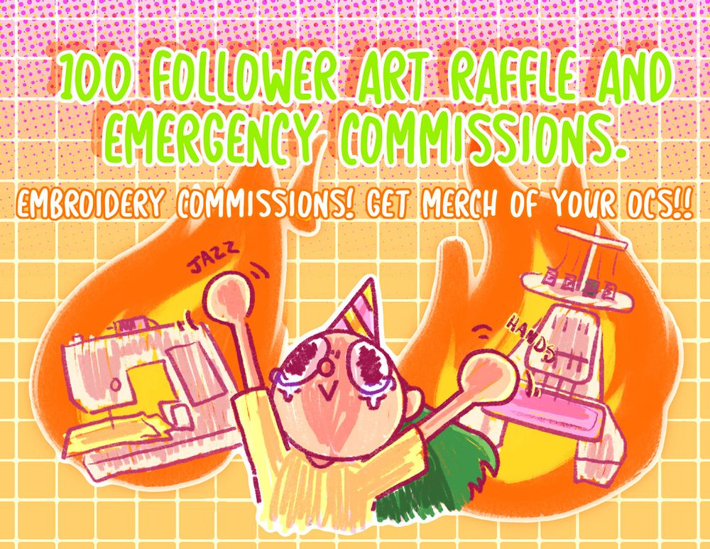 A photo of me, the person who makes the art on this here bluesky account, surrounded by my embroidery machines engulfed in fire, to symbolize that it’s all goin to shit right now. 